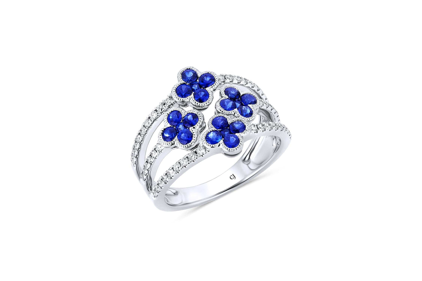 18K White Gold Diamond & Sapphire Clover Three-Row Wide Ring