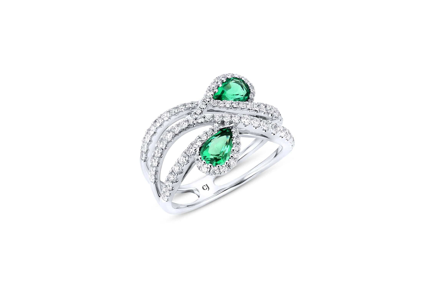 18K White Gold Diamond & Emerald Wide Bypass Ring
