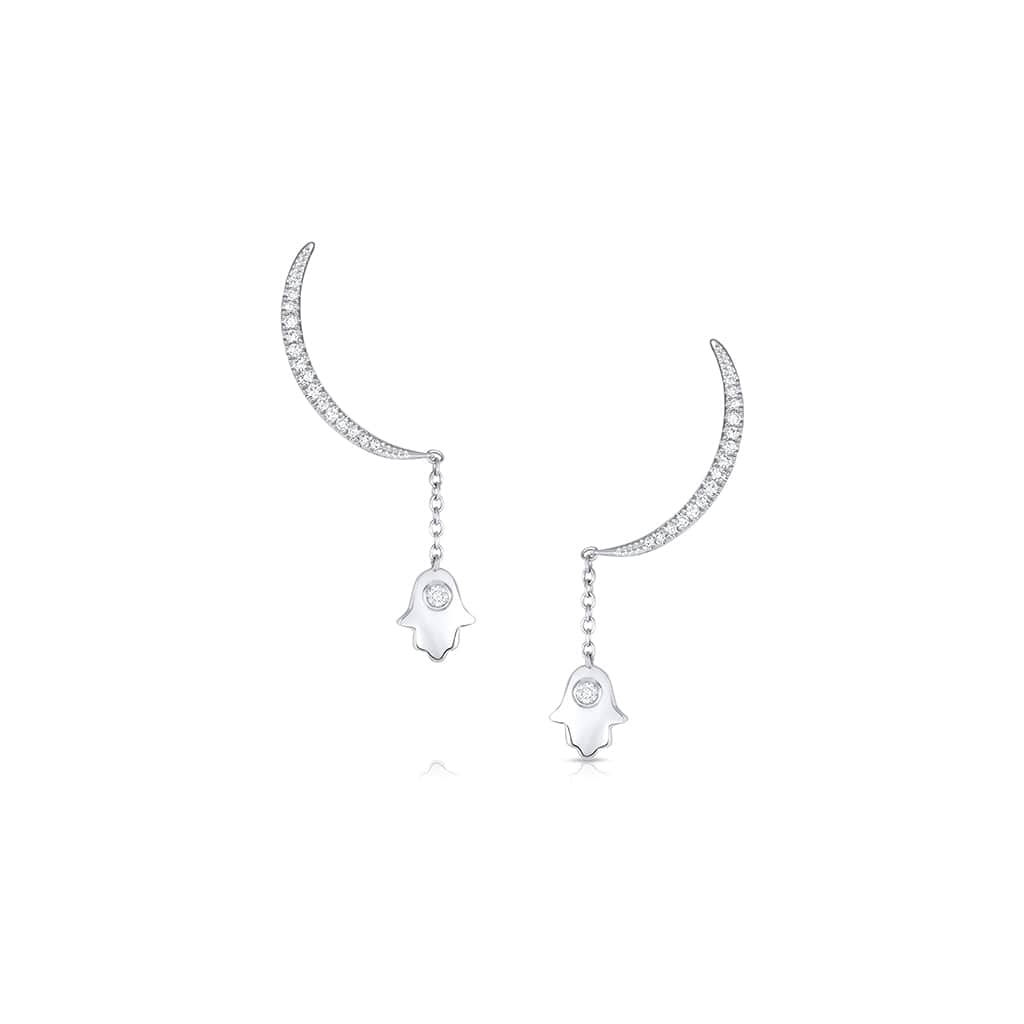 18KT WHITE GOLD DIAMOND HALF MOON HAMSA DROP EARRING