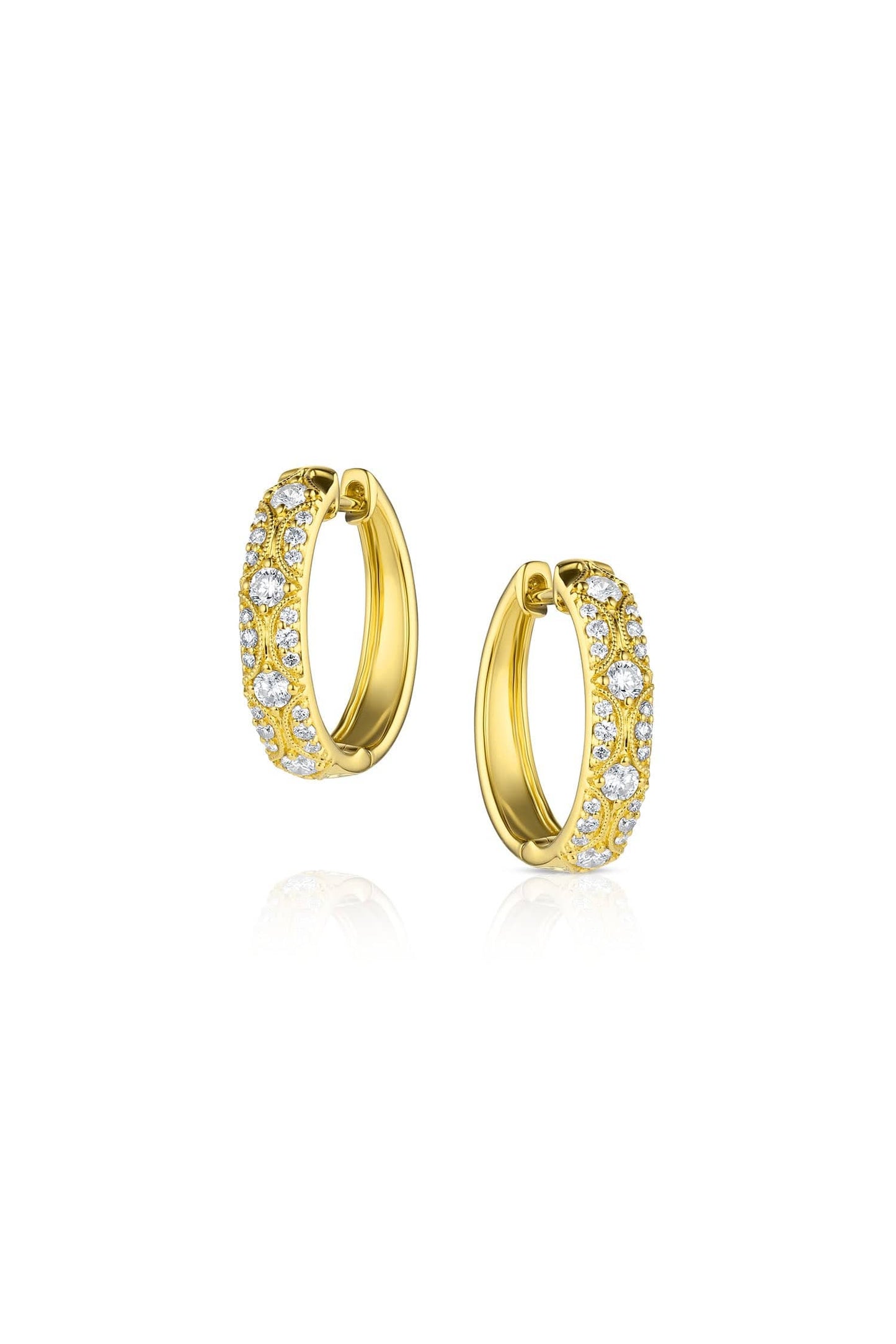 18K Yellow Gold Diamond Hoop Earrings with Filigree