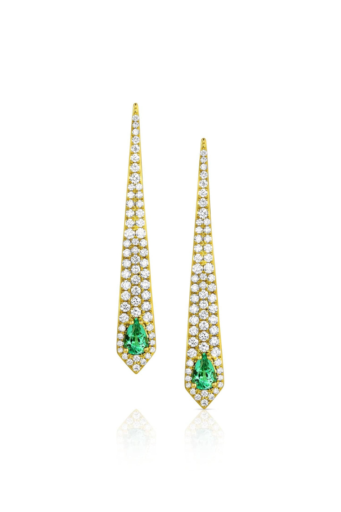 18K Yellow Gold Elongated Tapered Diamond & Emerald Drop Earrings