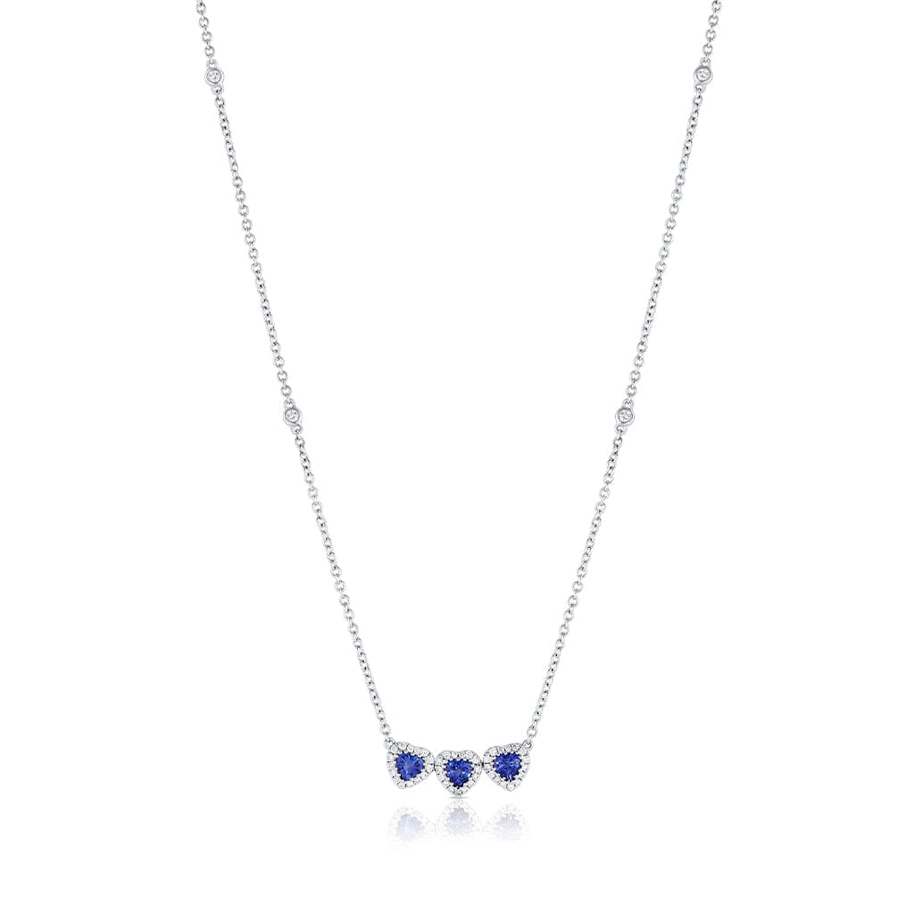 18k White Gold Blue Sapphire Diamond Triple Heart Pendant Necklace