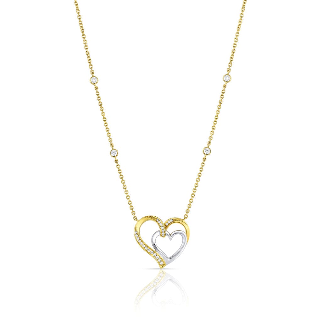 18K Yellow Gold Diamond Station Double Heart Pendant Necklace