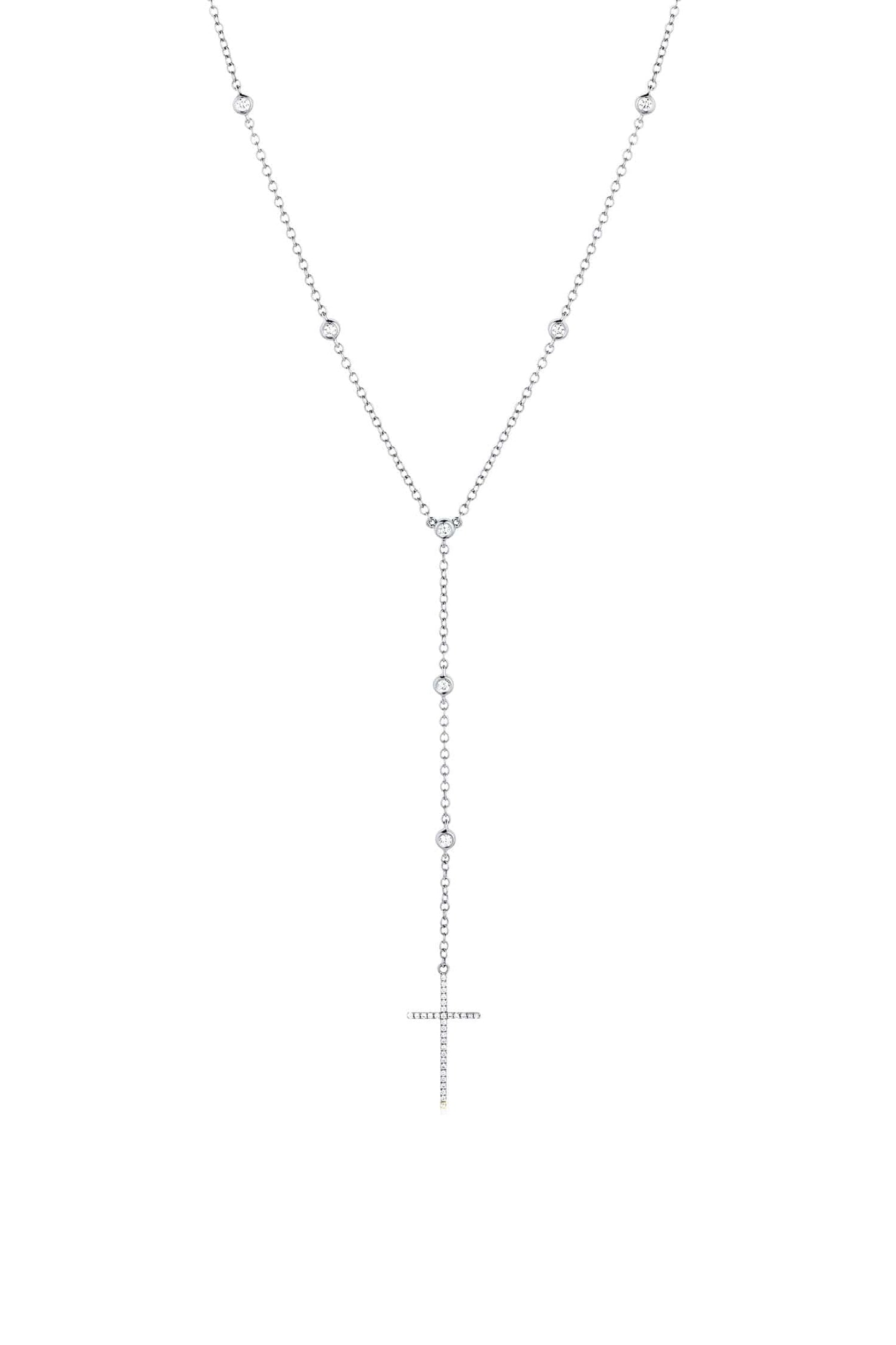 18K White Gold Pavé Diamond Cross Lariat Necklace