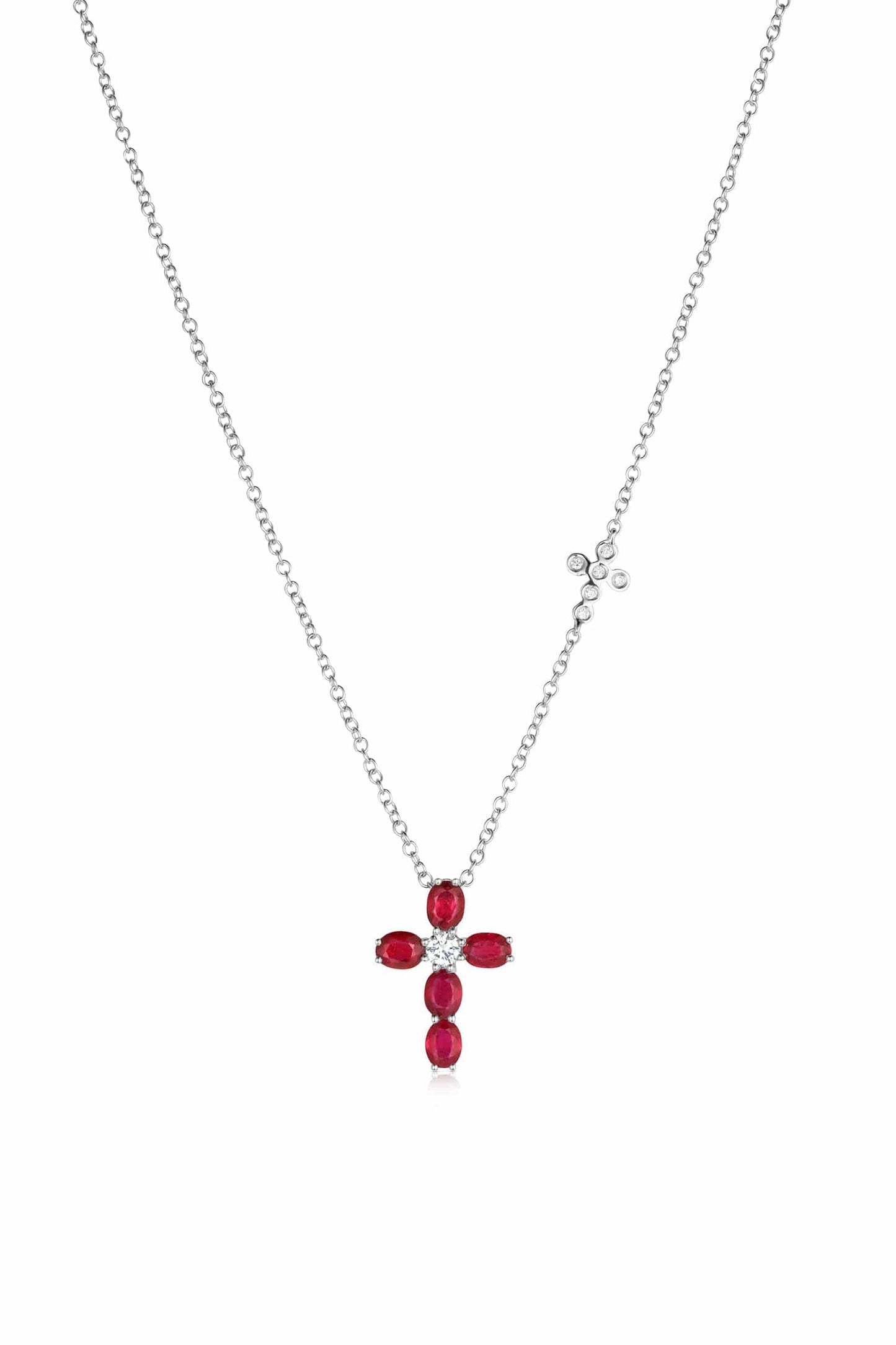 18K White Gold Ruby & Diamond Cross Necklace