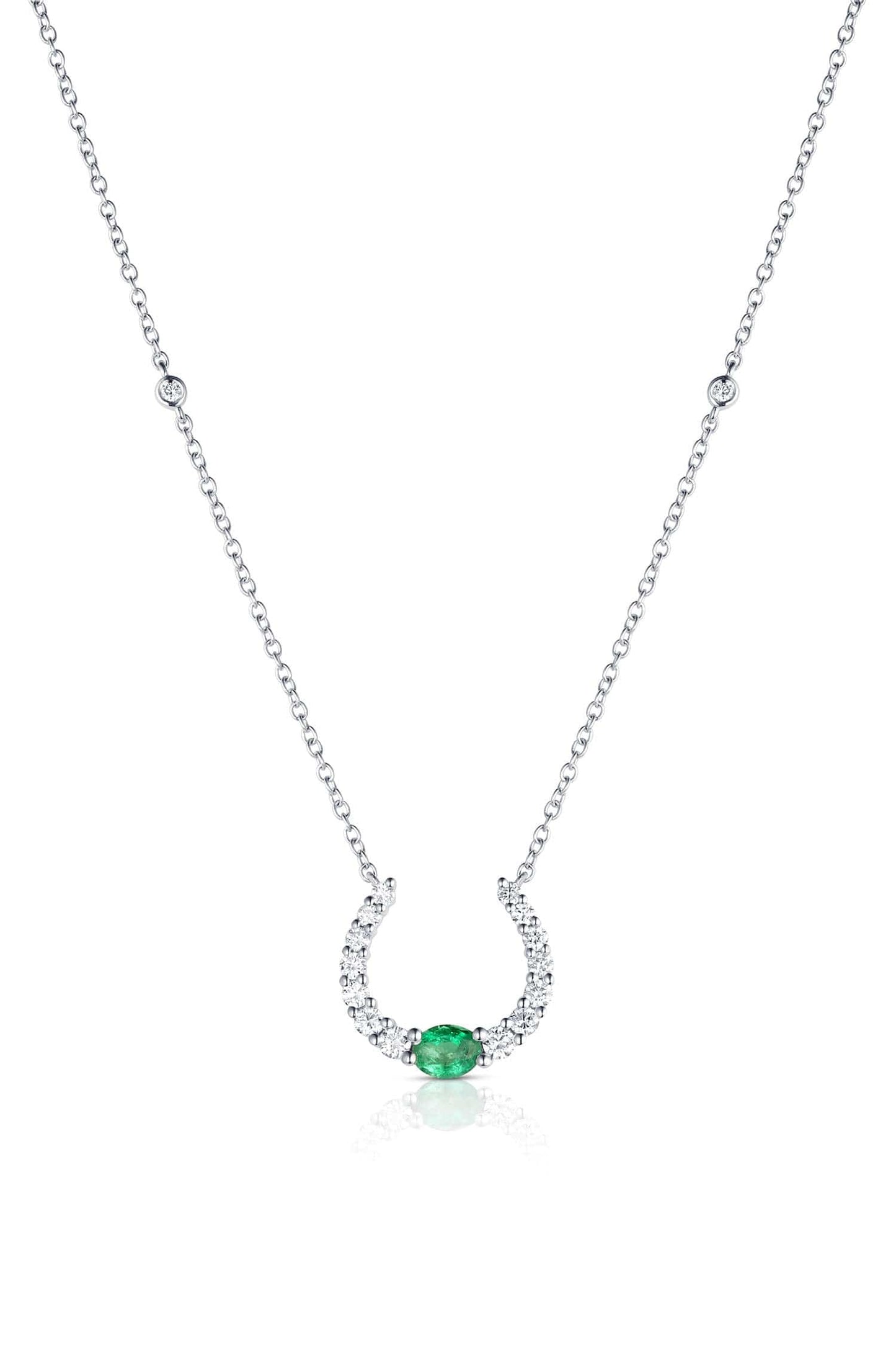 18K White Gold Diamond & Emerald Horseshoe Pendant Necklace