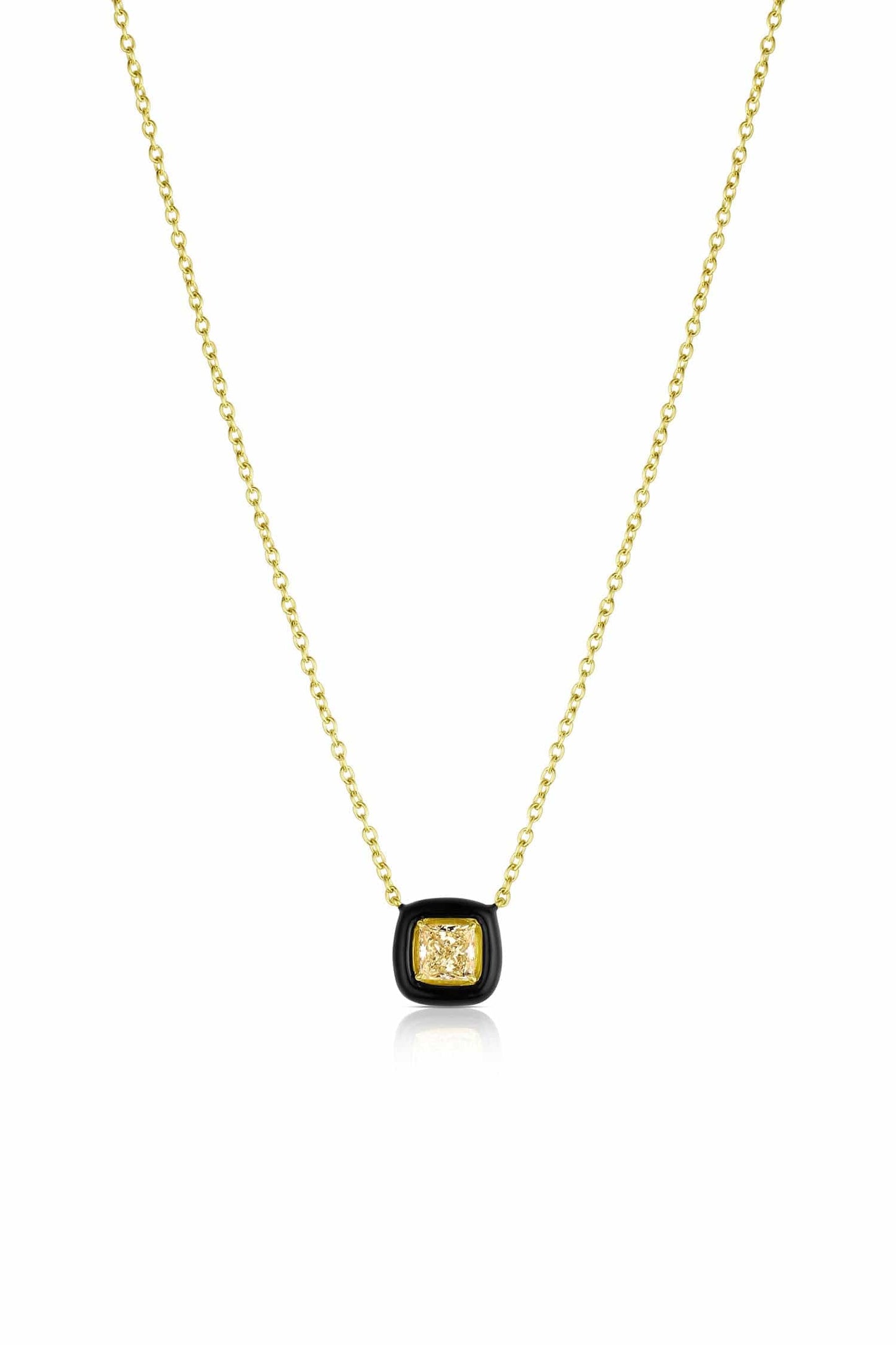 18K Yellow Gold Fancy Light Yellow Diamond & Black Enamel Bezel Necklace by Salavetti