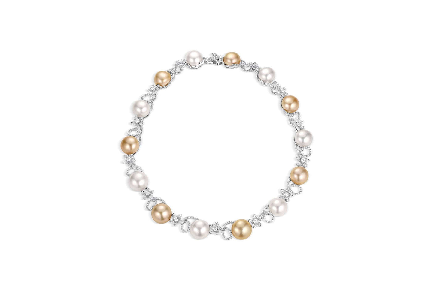 18K White Gold Golden & White Pearl Diamond Floral Necklace