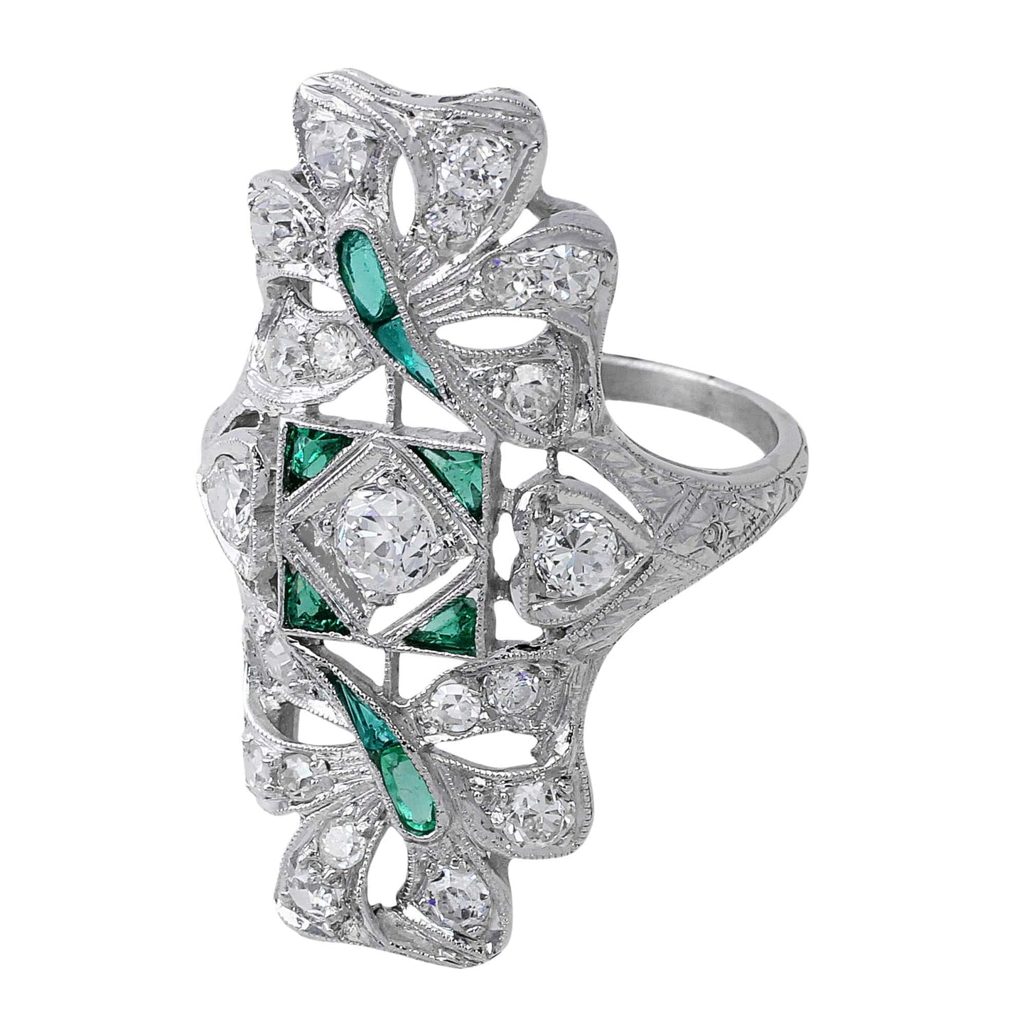 Platinum Estate Emerald and Diamond Panel Ring