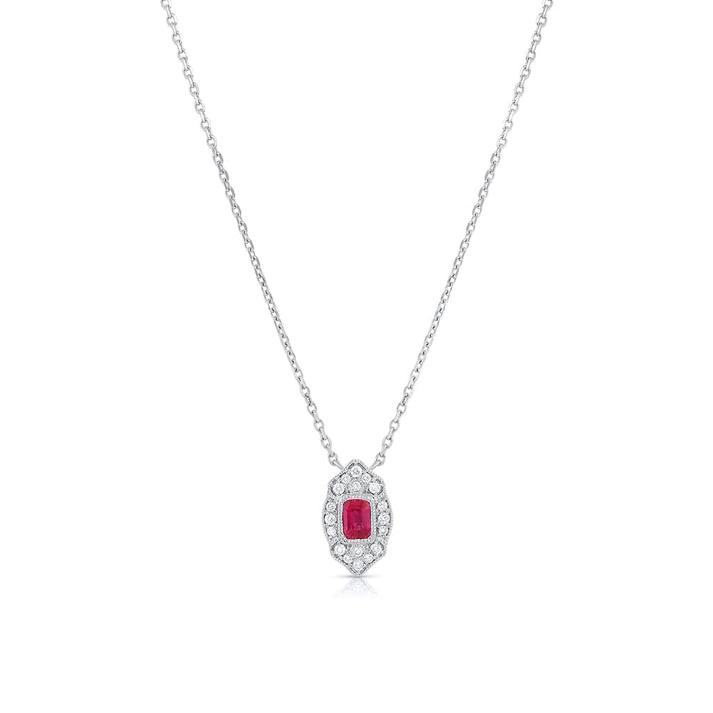 14K White Gold Ruby Diamond Art Deco Design Pendant Necklace
