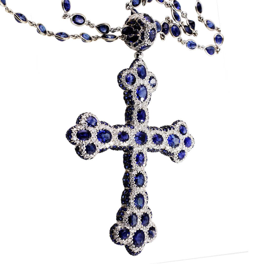 18k White Gold Diamond Sapphire Cross Necklace
