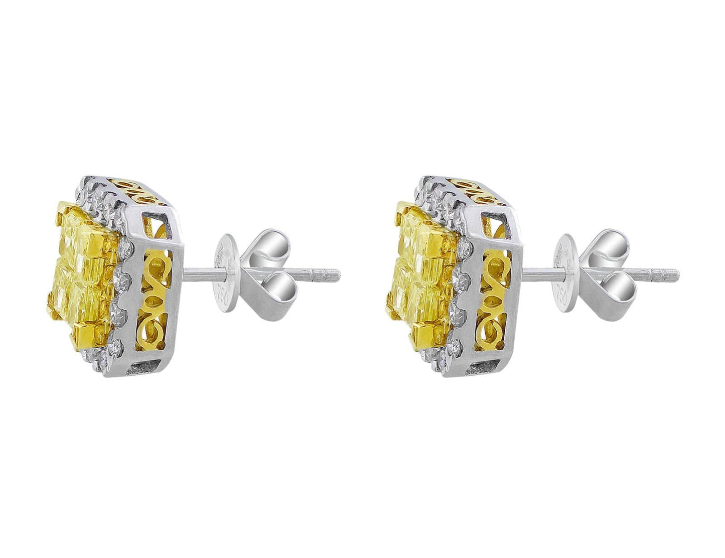 18k White Yellow Gold Filigree Yellow White Diamond Stud Earrings