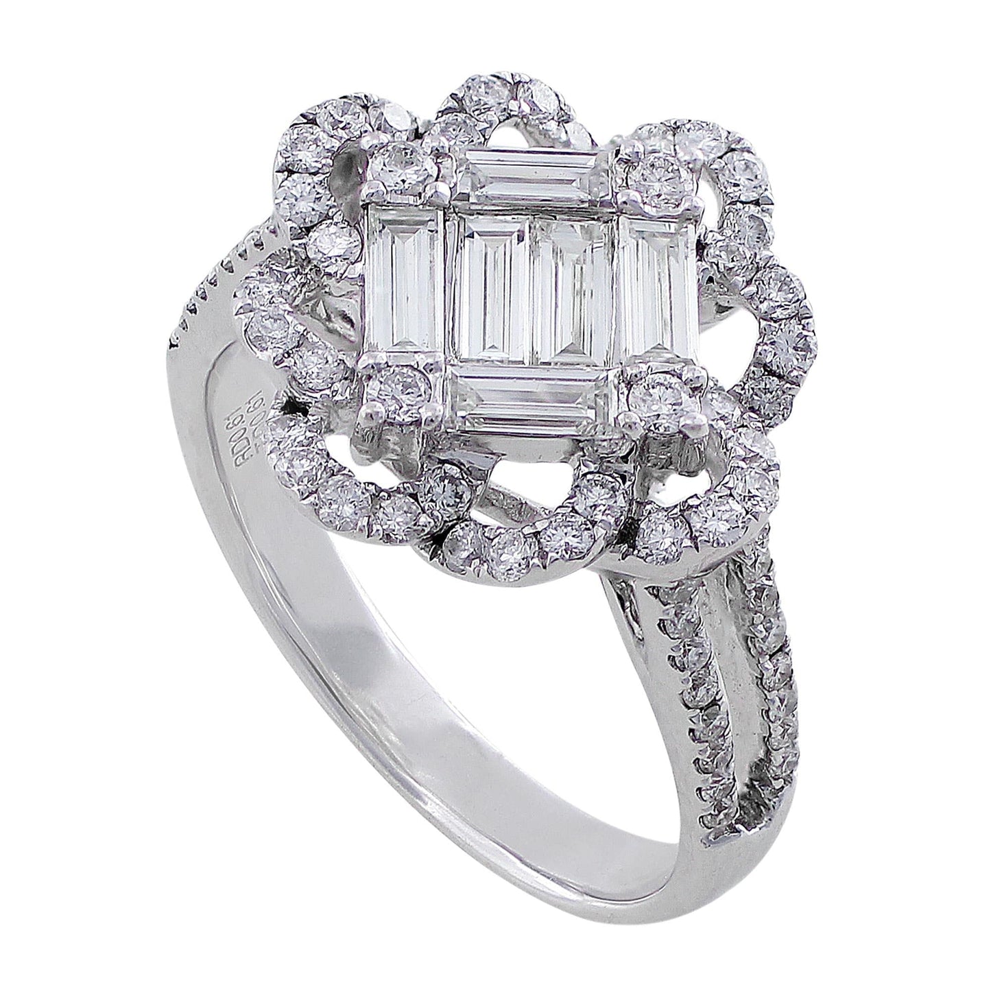18k White Gold Square Center Floral Loop Bezel Diamond Ring