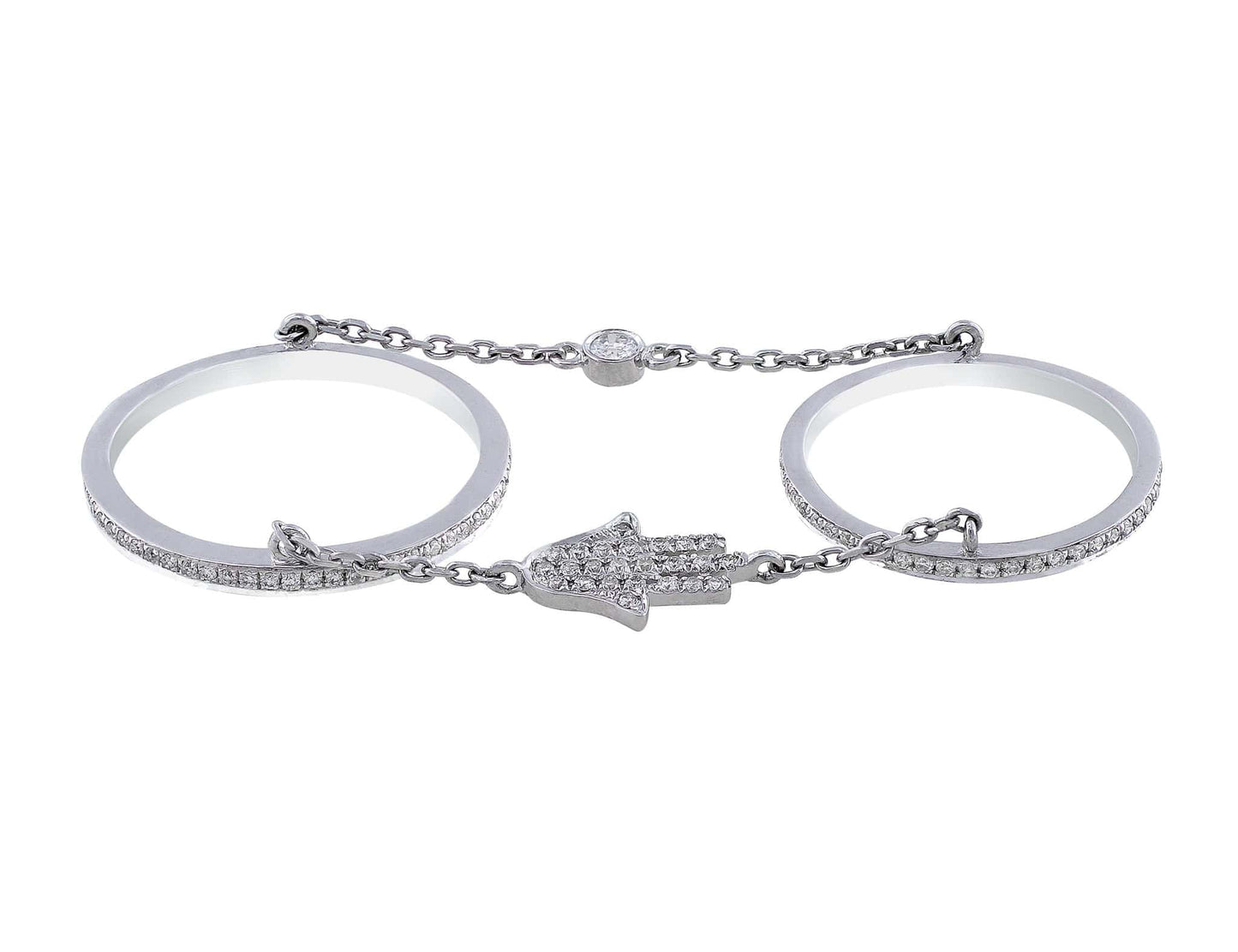 18k White Gold Diamond Hamsa Double Ring with Chain
