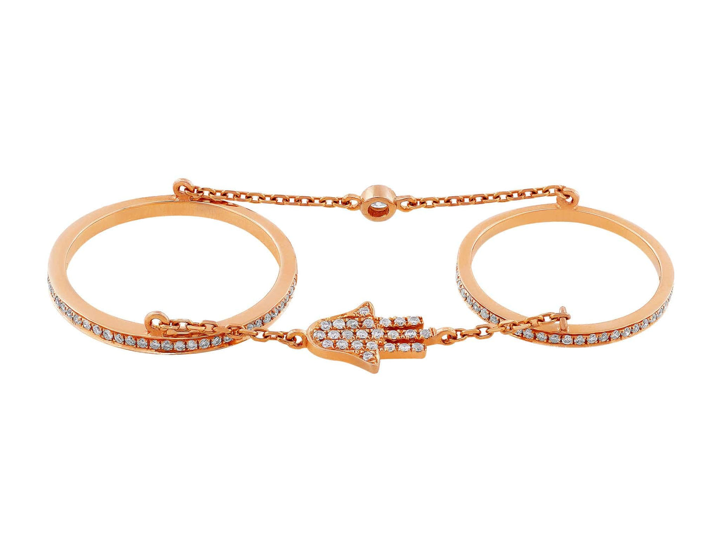 Rose Gold Diamond Hamsa Double Ring with Chain