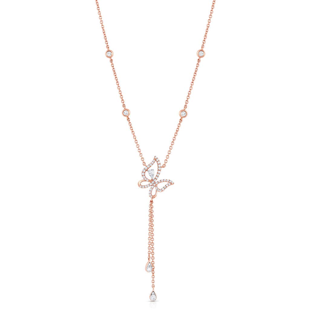 18K Rose Gold Diamond Butterfly Teardrop Dangle Necklace