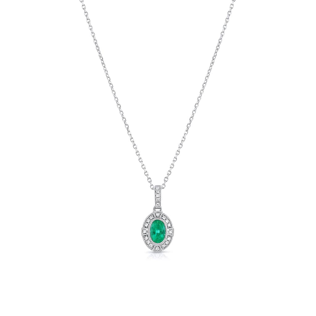 18K White Gold 0.41ct Oval Emerald and Diamond Filigree Pendant