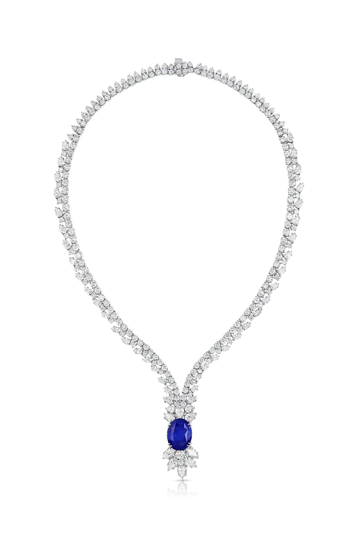18K White Gold Ceylon Sapphire & Diamond Necklace – 14.08ct AGL Certified
