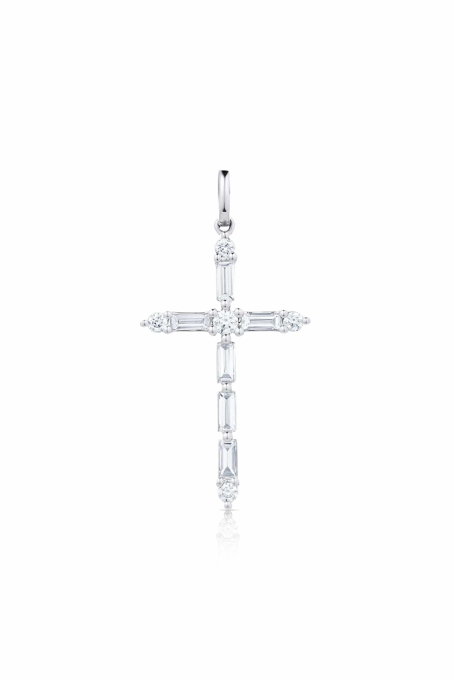 18K White Gold Baguette & Round Diamond Cross Pendant