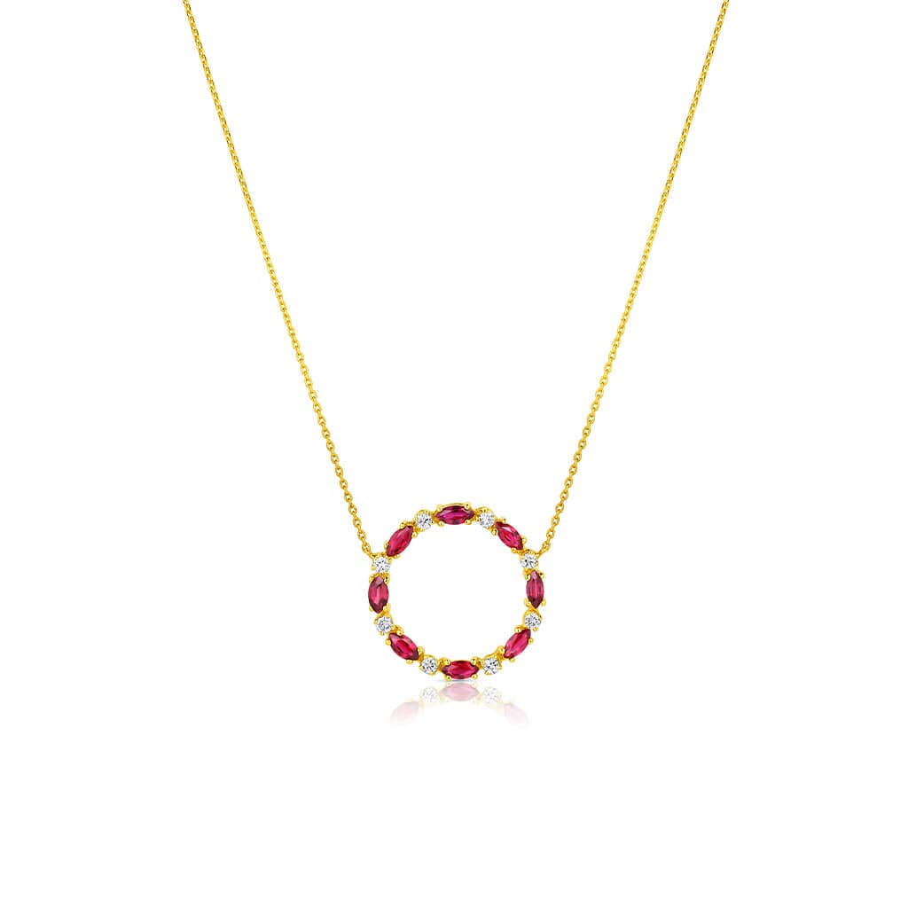Estate 14kt Yellow Gold Ruby Diamond Round Pendant Necklace