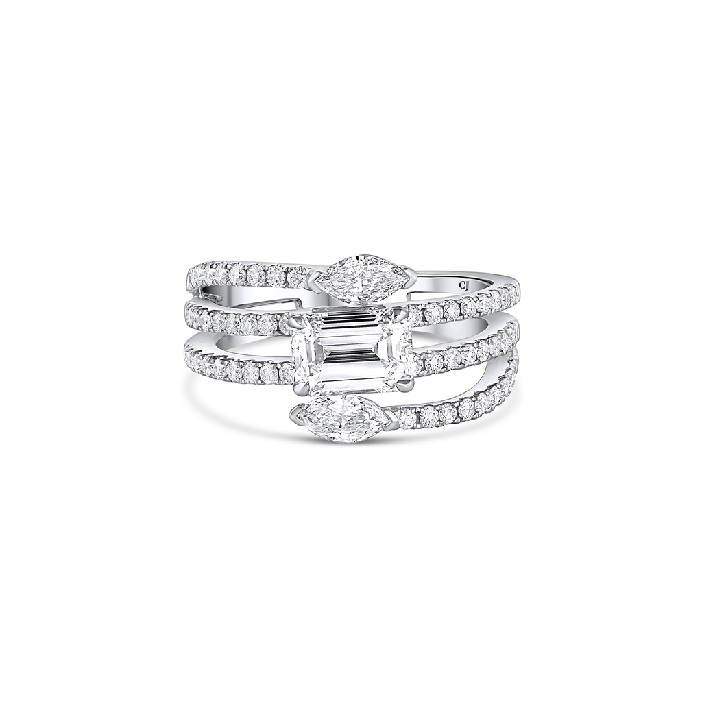 Rivière 18k White Gold 2.07ctw Emerald and Marquise Diamond Spiral Ring, GIA Certified