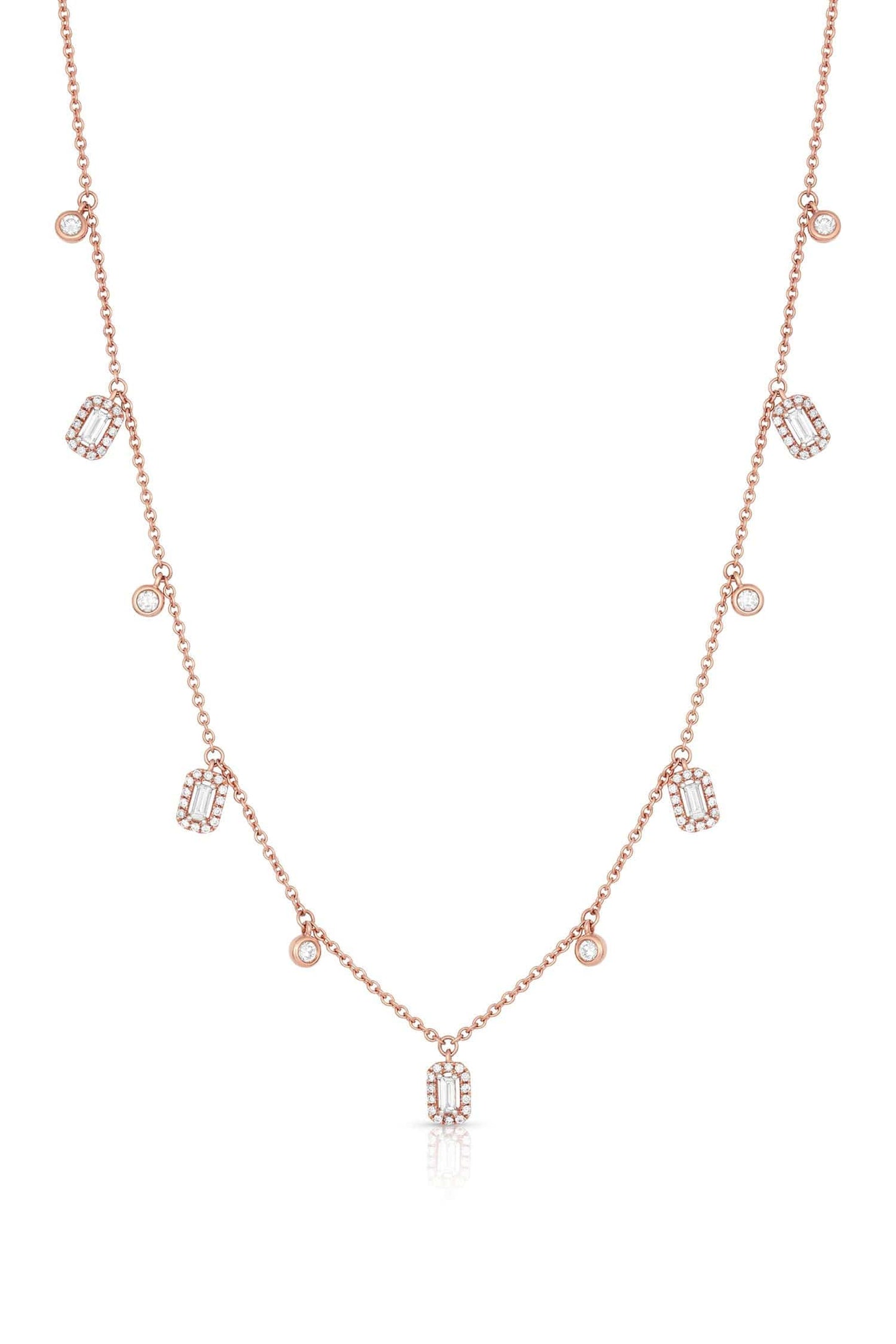 18kt Rose Gold Round and Rectangular Diamond Dangles Necklace