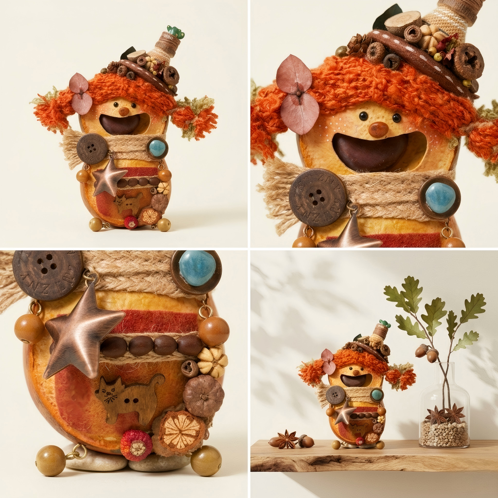 A close-up view showing the intricate details of Momo: the hand-braided jute scarf, the vintage wooden button, the turquoise stone, and the tiny carved wooden cat among dried autumn botanicals