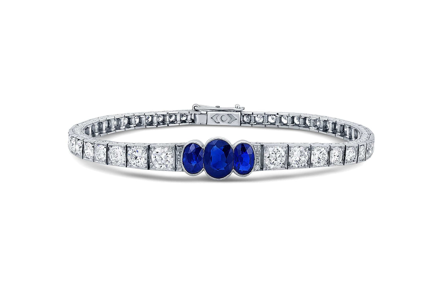 Platinum 1920's Oval Sapphire and Diamond Bracelet, AGL certified