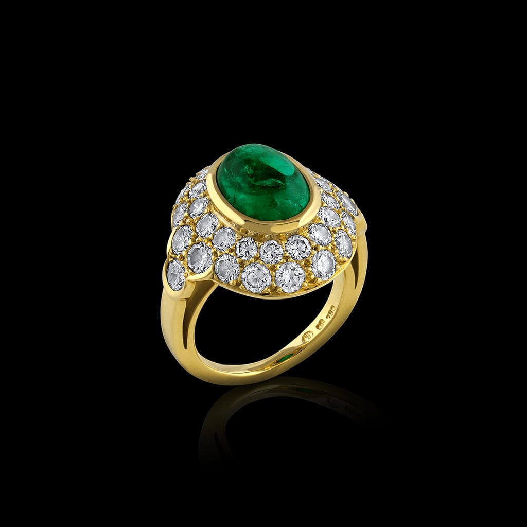 Harry Winston 18K Yellow Gold 4.67ct Cabochon Emerald Diamond Ring