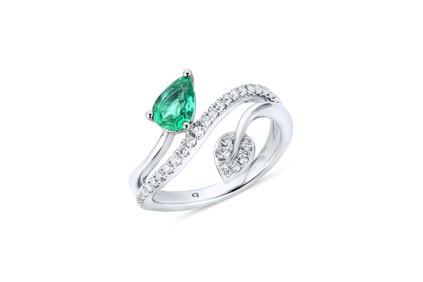 18K White Gold Diamond & Emerald Bypass Ring
