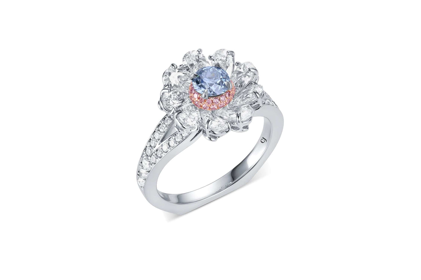 Platinum & 18K Rose Gold Fancy Blue Diamond Flower Ring