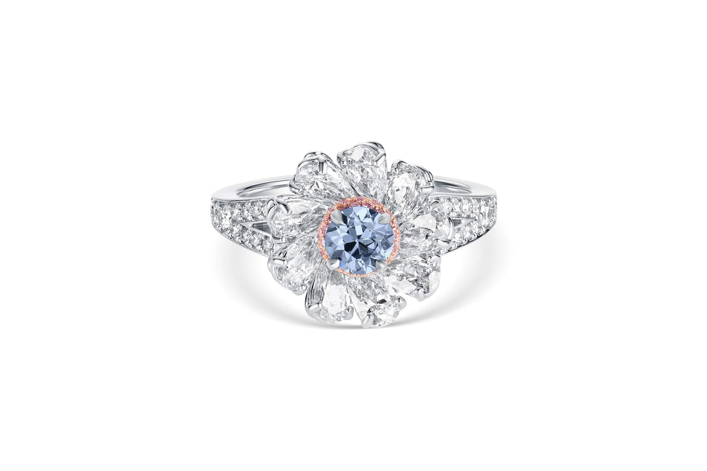 Platinum & 18K Rose Gold Fancy Blue Diamond Flower Ring