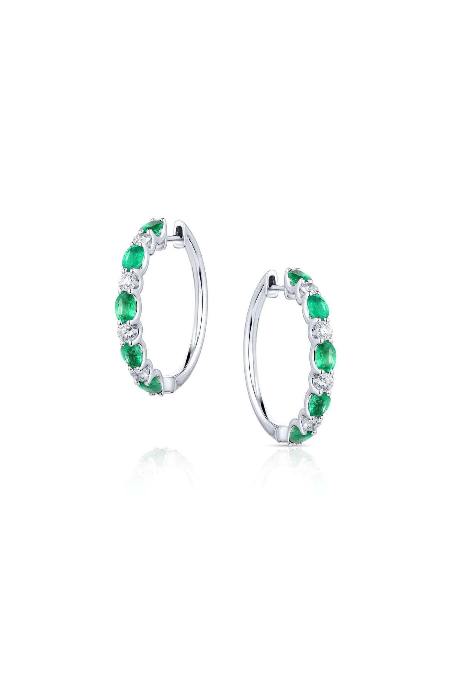 18K White Gold Diamond & Emerald Hoop Earrings