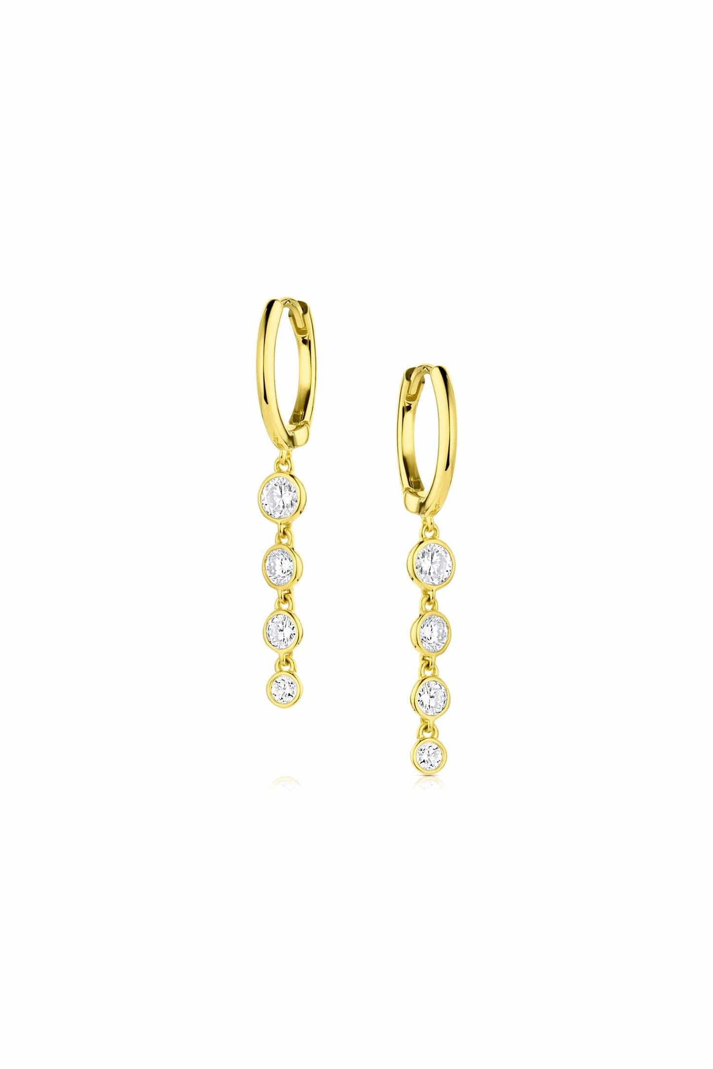 18K Yellow Gold Diamond Huggie Hoop Drop Earrings