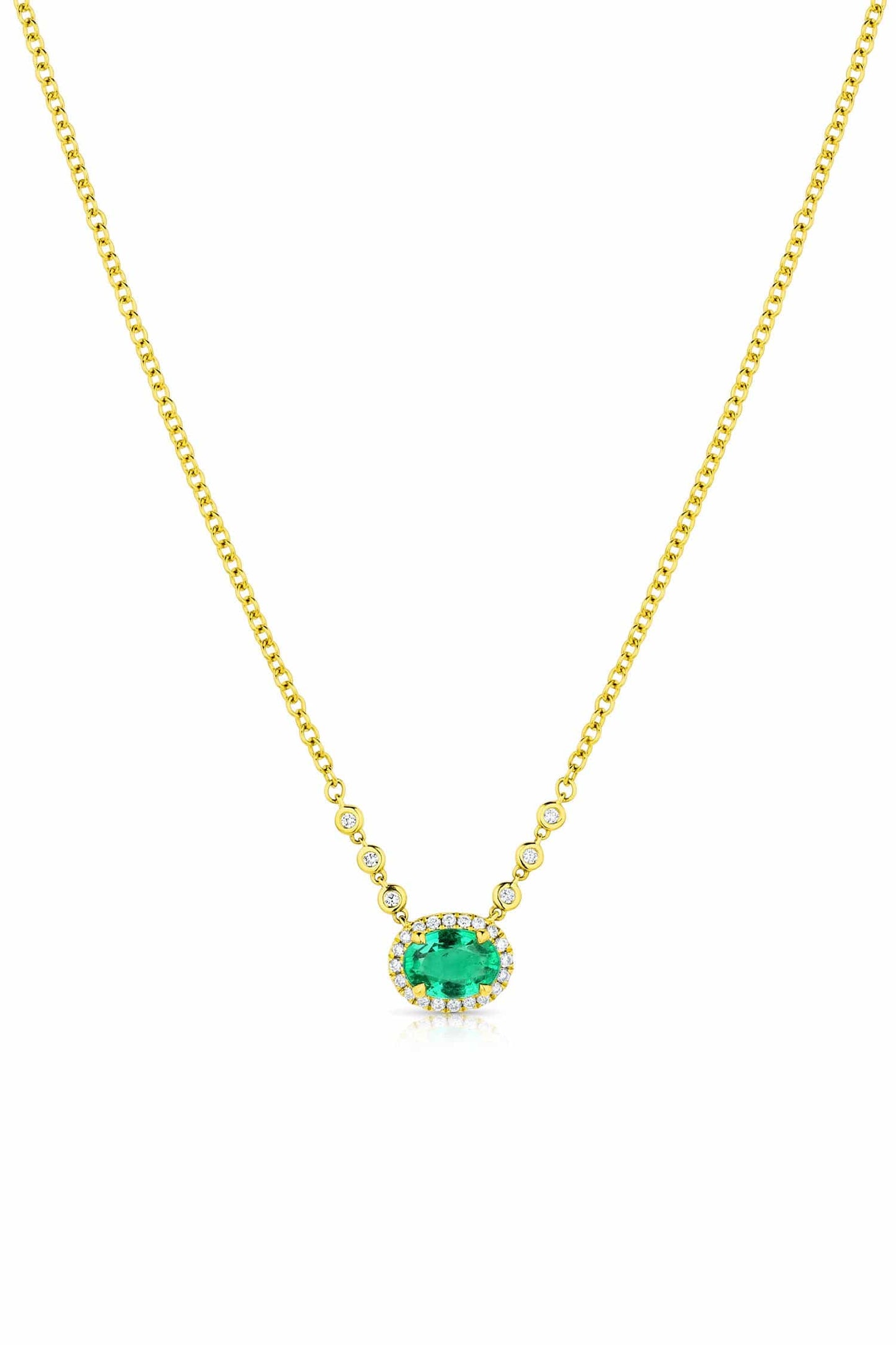 18K Yellow Gold Oval Emerald & Diamond Pendant Necklace