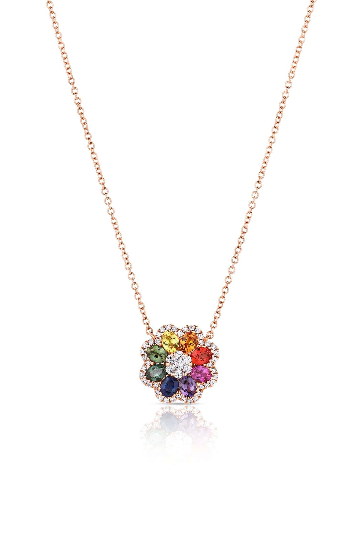 Rose Gold Multicolored Sapphire & Diamond Flower Pendant Necklace