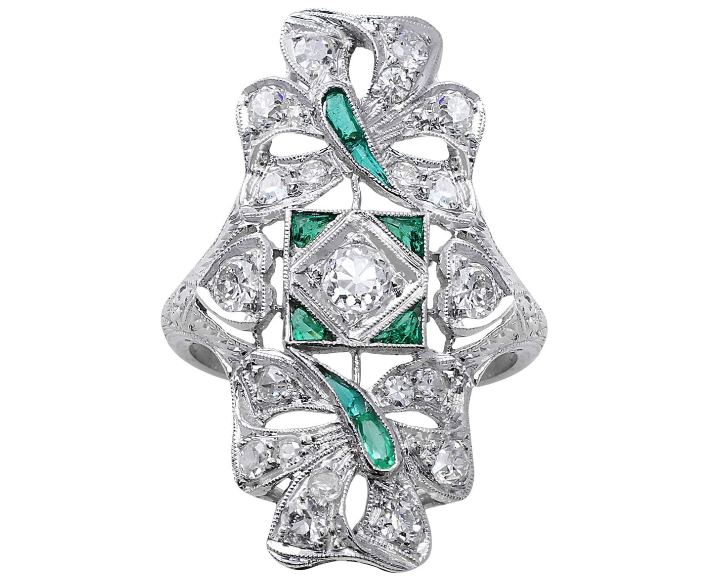 Platinum Estate Emerald and Diamond Panel Ring