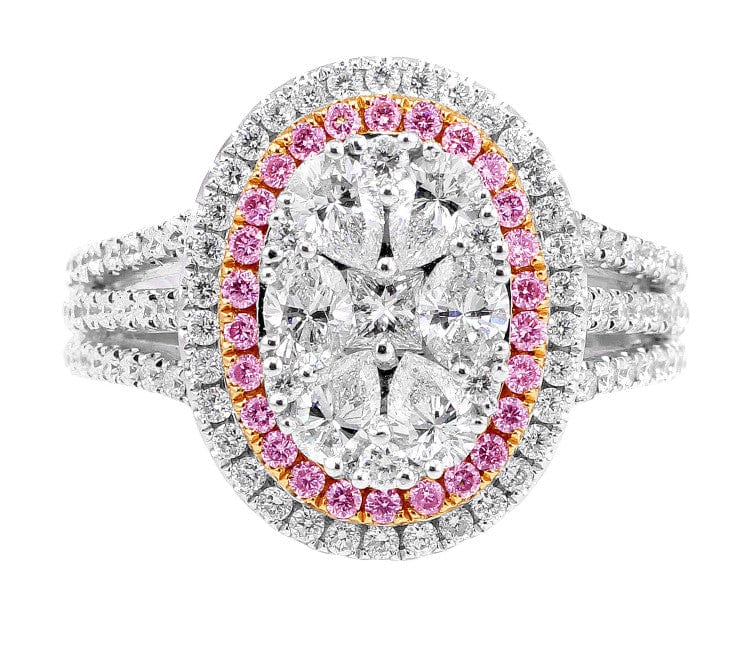 18k White Rose Gold Pink and White Diamond Oval Cluster Ring