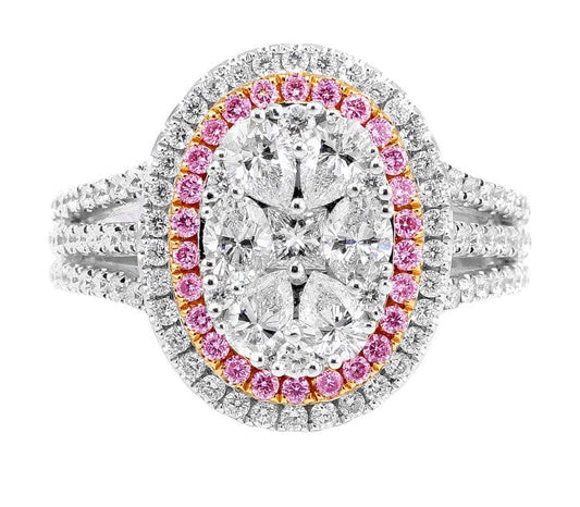 18k White Rose Gold Pink and White Diamond Oval Cluster Ring