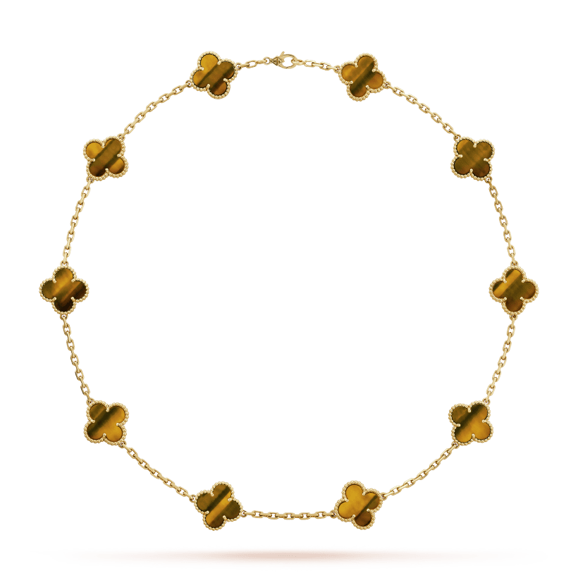 18K Celestial Vintage Alhambra Tiger Eye 10 Motifs Necklace