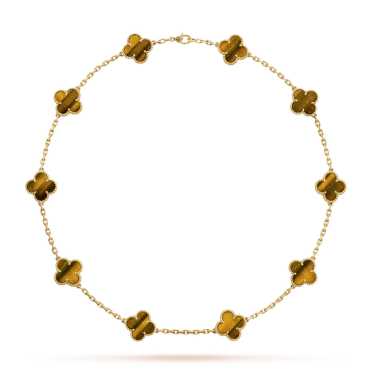 18K Celestial Vintage Alhambra Tiger Eye 10 Motifs Necklace