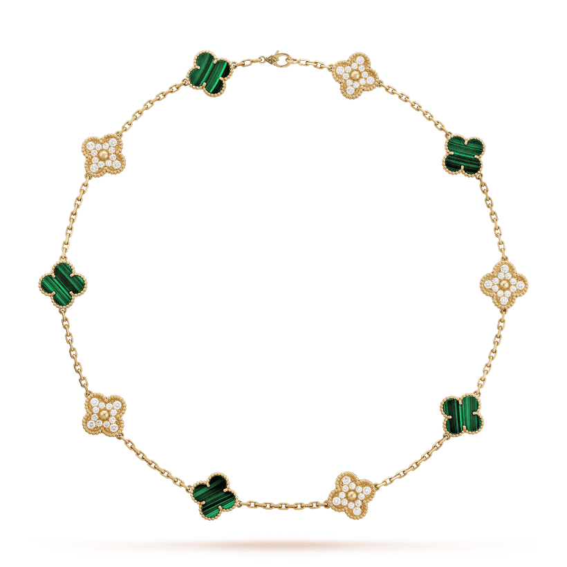 18K Celestial Vintage Alhambra Malachite Diamonds 10 Motifs Necklace