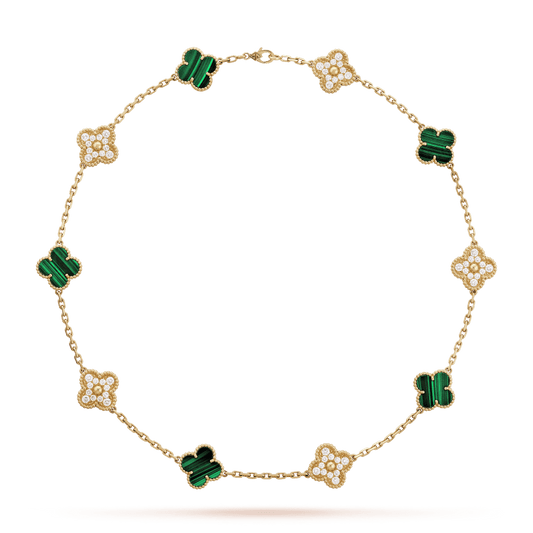 18K Celestial Vintage Alhambra Malachite Diamonds 10 Motifs Necklace