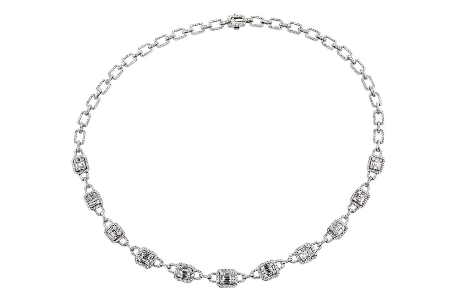 14k White Gold Round Baguette Diamond Necklace