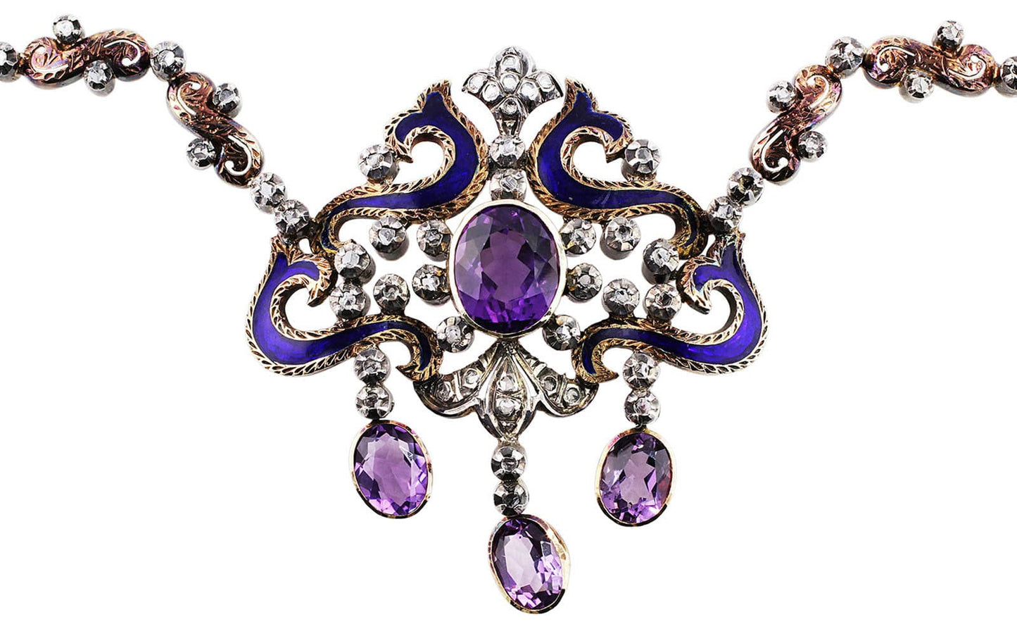9kt Gold and Silver Victorian Silver Diamond Amethyst Necklace & Earrings