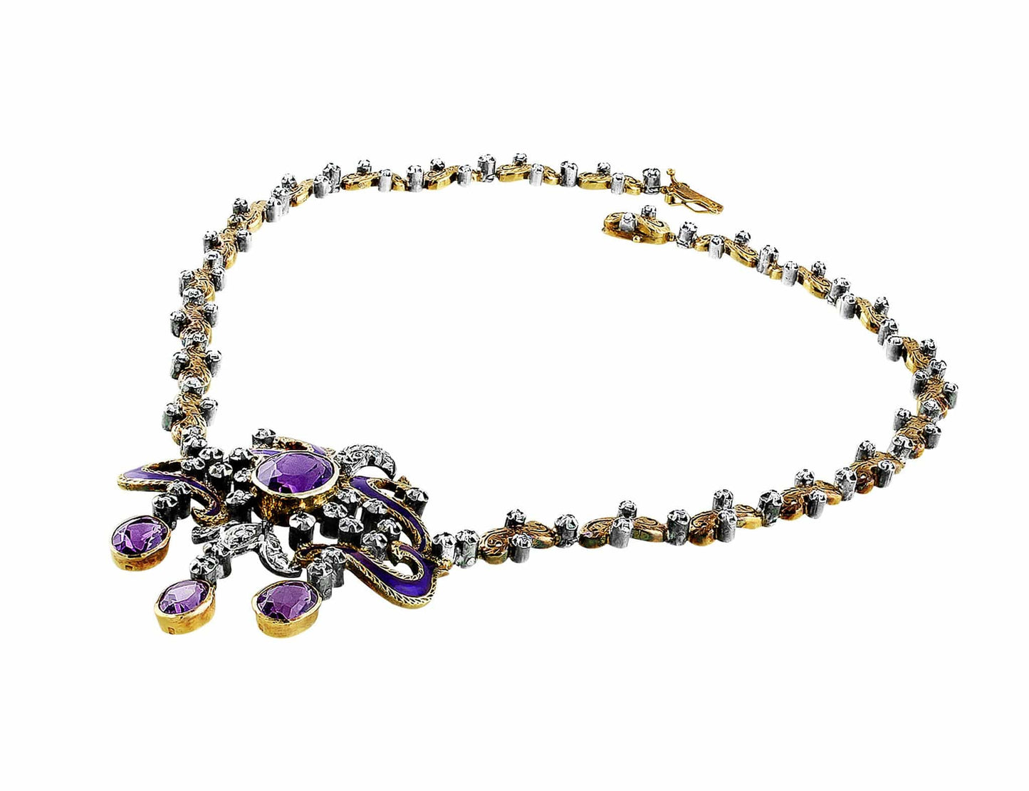 9kt Gold and Silver Victorian Silver Diamond Amethyst Necklace & Earrings