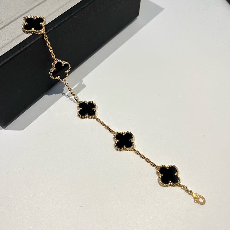 18K Celestial Vintage Alhambra Five Motifs Clover Onyx Bracelet