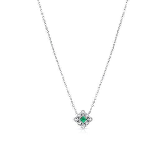 14K White Gold Diamond Emerald Square Filigree Art Deco Necklace