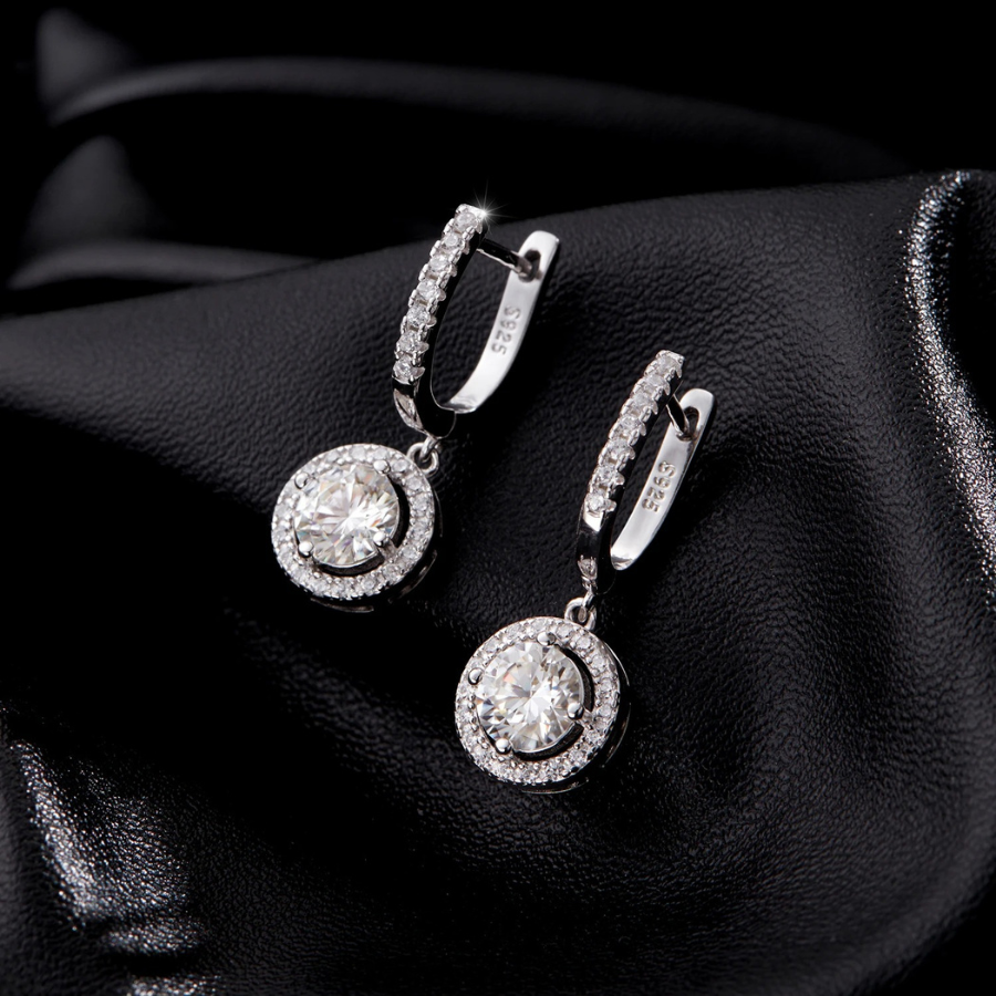 D Color Moissanite Halo Drop Earrings – 925 Sterling Silver
