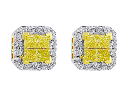 18k White Yellow Gold  Filigree Yellow White Diamond Stud Earrings